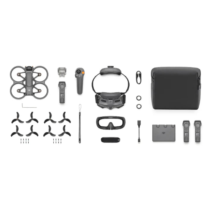 Collection of drone parts and accessories on a white background