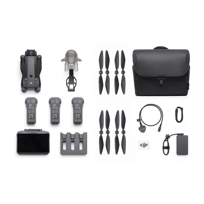 Collection of DJI drone parts and accessories on a white background