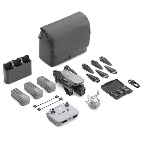 DJI Air 3S drone components including drone, remote control, and accessories on a white background