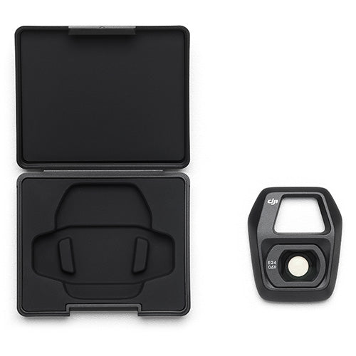 Black camera lens with a protective case on a white background