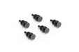 Six black cylindrical objects on a white background