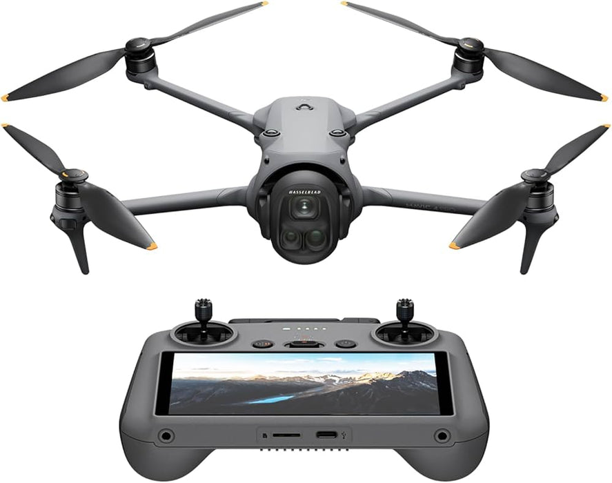 Drone with four propellers and a remote control on a white background