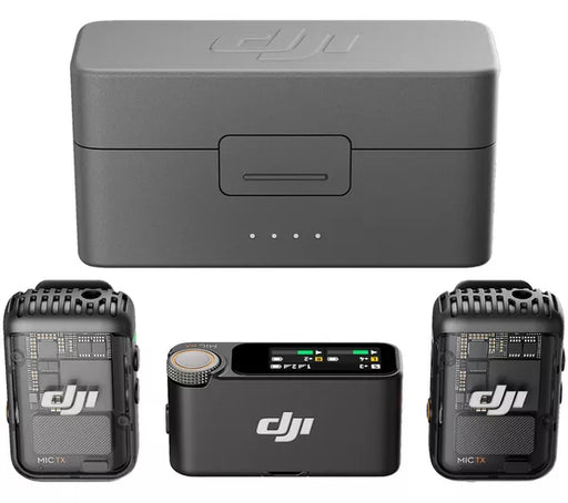 Collection of DJI electronic devices including a battery pack, microphone, and transmitter on a white background.