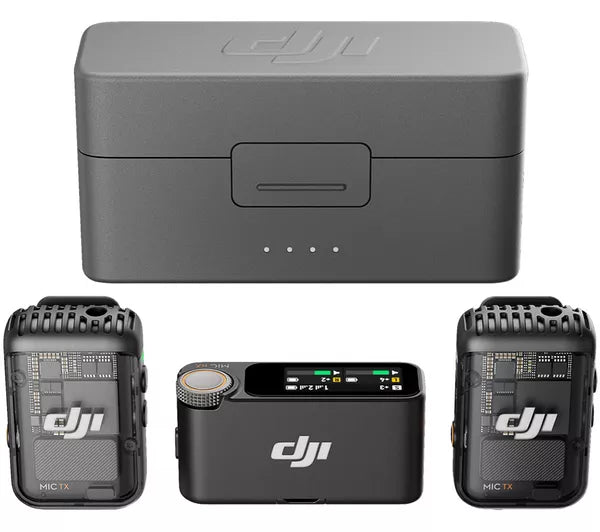 Collection of DJI electronic devices including a battery pack, microphone, and transmitter on a white background.