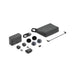 Collection of black electronic components and accessories on a white background