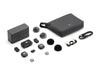 Collection of black electronic accessories on a white background