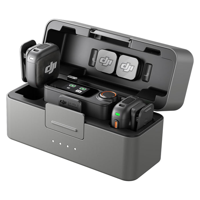 DJI electronic device with charging station on a white background