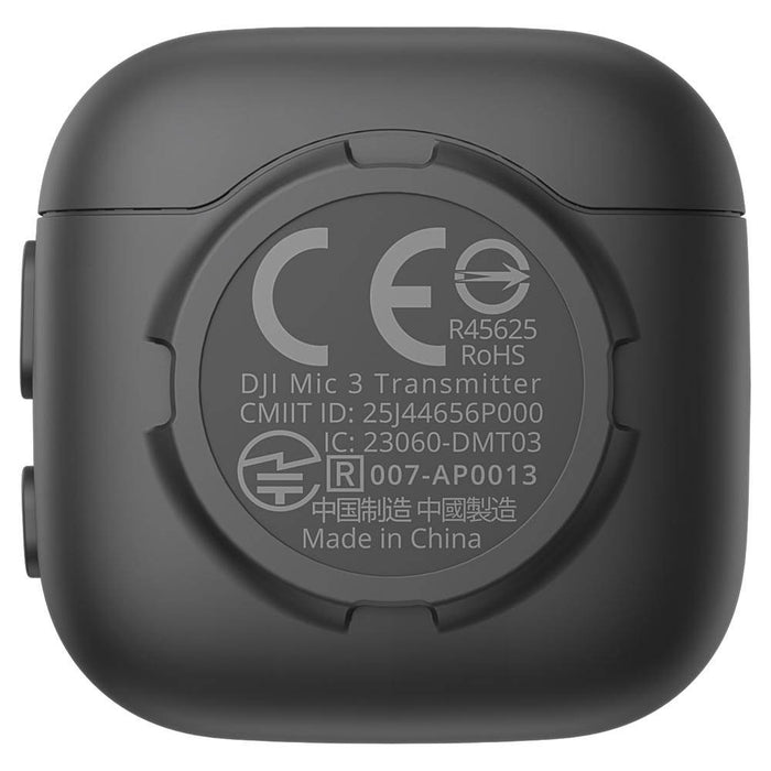 Black electronic device with certification logos and text on a white background