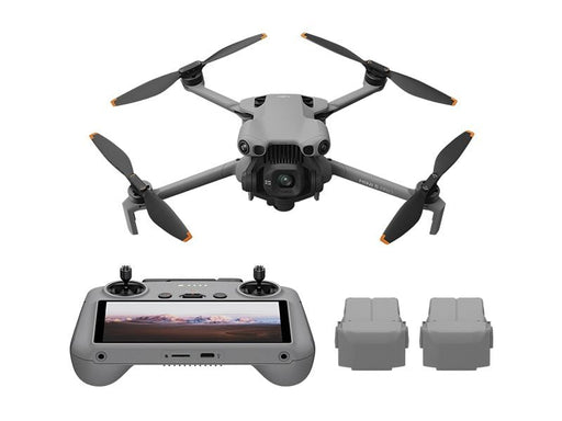 Drone with remote control and batteries on a white background