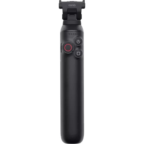 Black camera remote control with buttons on a white background