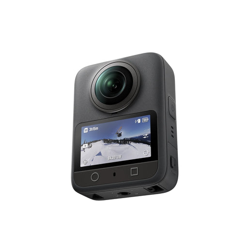 Action camera with screen displaying a snowy landscape on a white background
