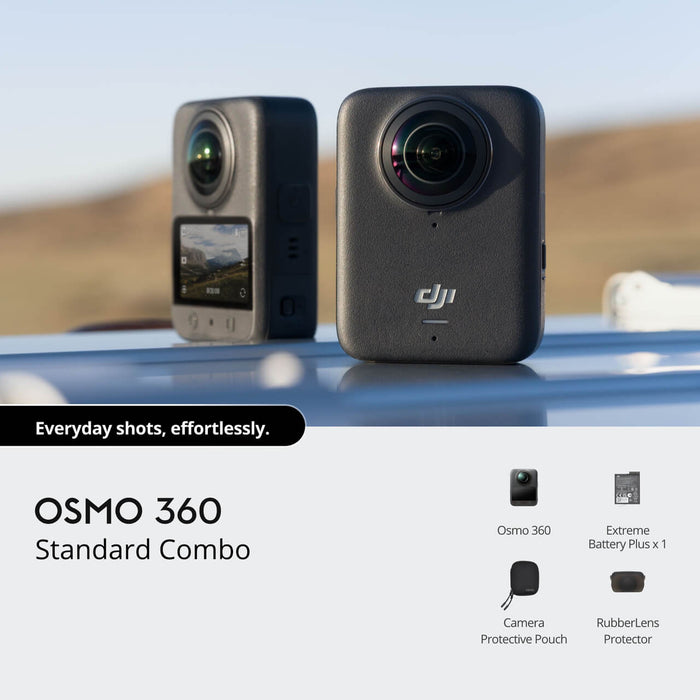 DJI Osmo 360 camera on a car roof with desert landscape in the background