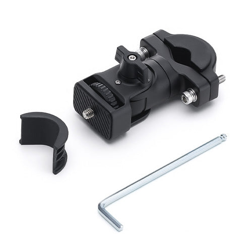 Black bike handlebar mount with a tool on a white background
