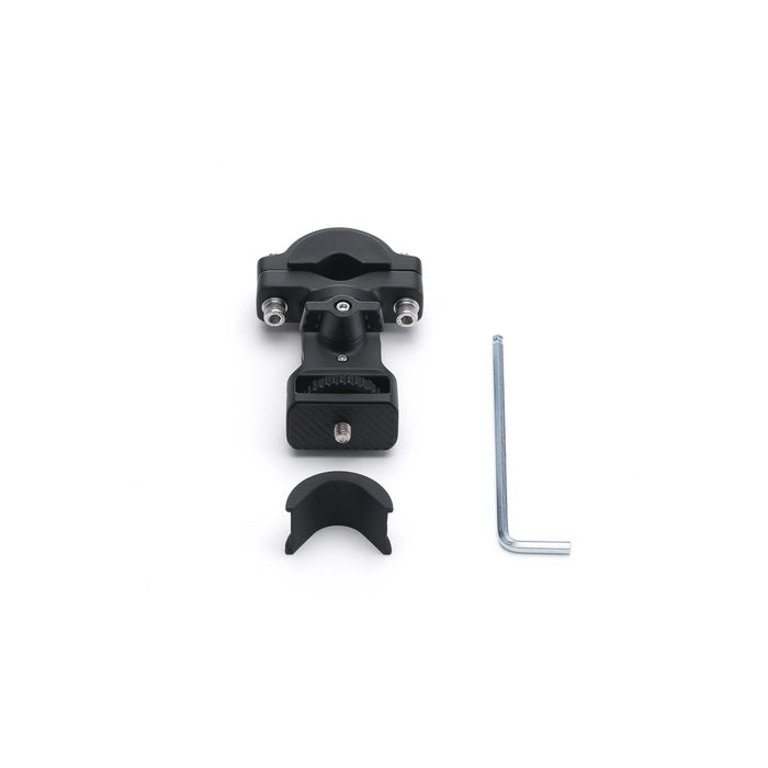 Black metal mounting bracket with a small Allen key on a white background