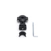 Black metal mounting bracket with a small Allen key on a white background