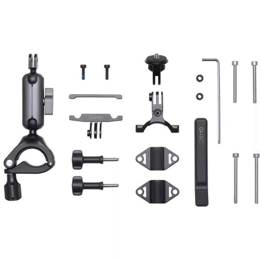 Set of bicycle handlebar attachments and tools on a white background