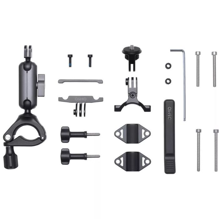 Set of bicycle handlebar attachments and tools on a white background