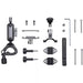 Set of bicycle handlebar attachments and tools on a white background