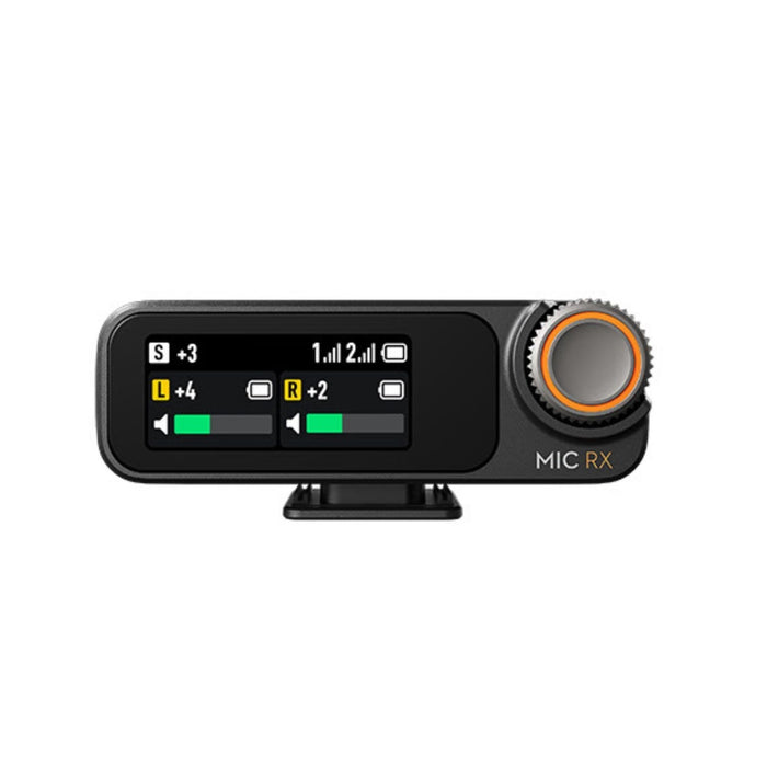 Black electronic device with display and control knob on a white background