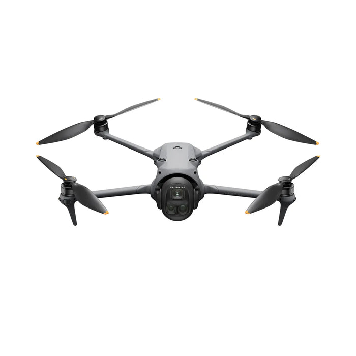 Black drone with four propellers on a white background