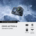 Osmo Action 6 action camera in a snowy environment with product details below.