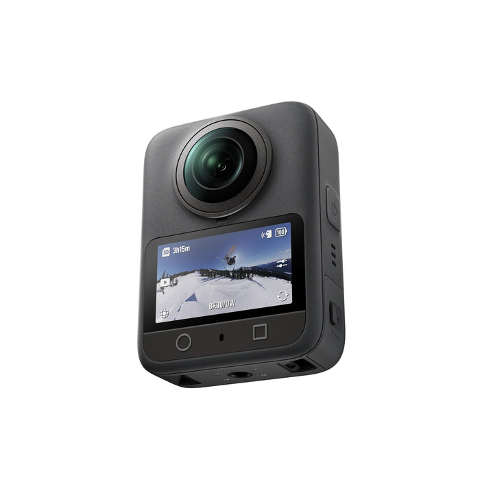 Action camera with screen displaying a snowy landscape on a white background