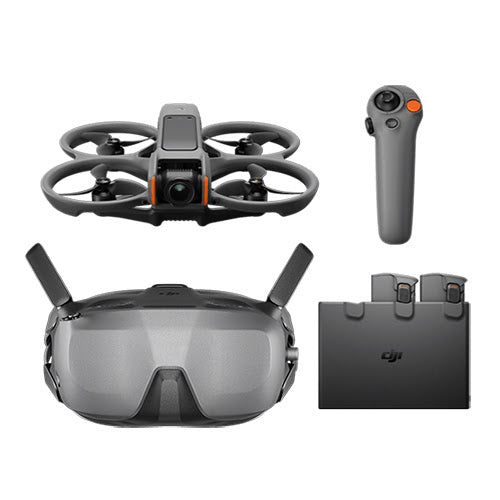 DJI drone package with goggles, remote control, and battery on a white background