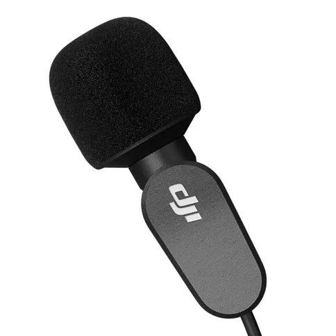 Black and gray microphone with DJI logo on a white background